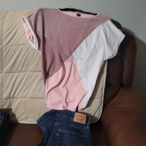 SHEIN Glittery Pink and White Color Block Tee